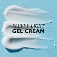 Three white gel cream swatches on light blue background with "Fluffy-Light Gel Cream" text overlay.