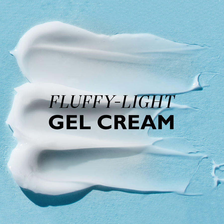 Three white gel cream swatches on light blue background with "Fluffy-Light Gel Cream" text overlay.