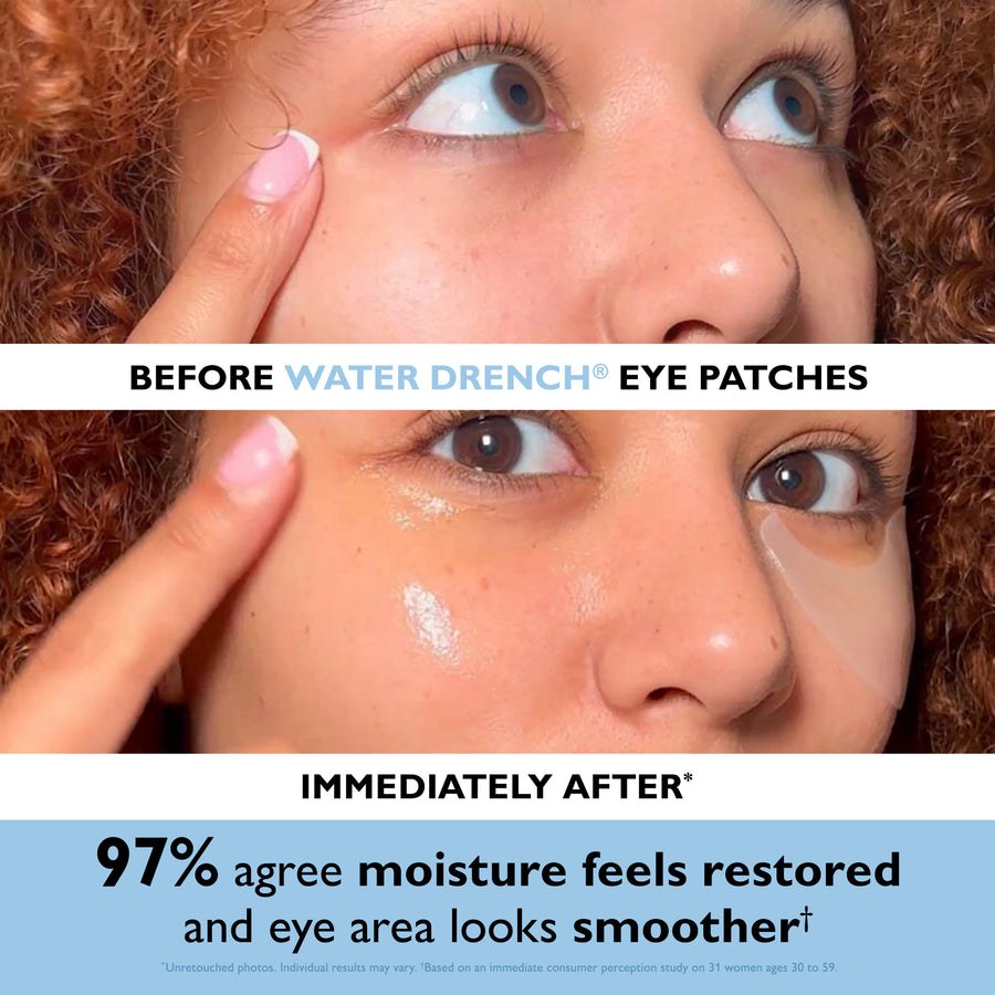 Before and after comparison of eye patches applied to person's under-eye area with curly auburn hair.