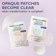 Two Peter Thomas Roth Instant FIRMx collagen tightening face patches on lavender background with face diagram and transparent