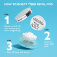 White cylindrical refill pod labeled "Water Drench Hyaluronic Cloud Cream" next to empty pod and jar with product instruction