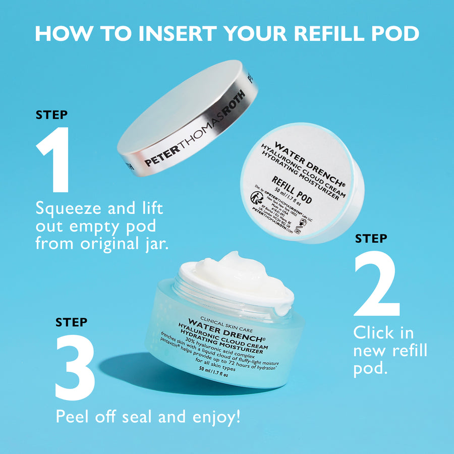 White cylindrical refill pod labeled "Water Drench Hyaluronic Cloud Cream" next to empty pod and jar with product instruction