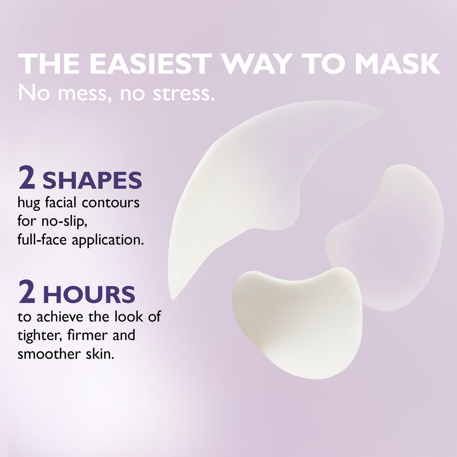 Two cream-colored facial patches in curved shapes displayed on a lavender background.