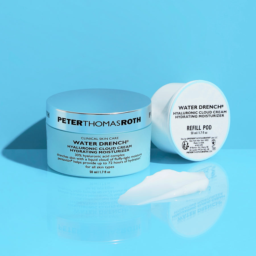 Light blue jar of Water Drench moisturizing cream next to a white refill pod with a sample of cream on blue background.