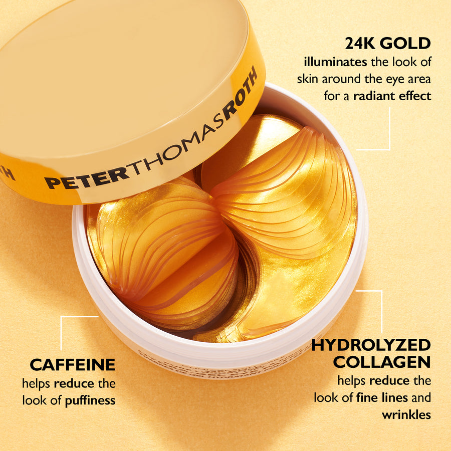 Three gold eye patches in a white container with Peter Thomas Roth branding visible.