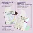 Two Peter Thomas Roth Instant Firm collagen tightening face patches with ingredient callouts and application diagrams on lave