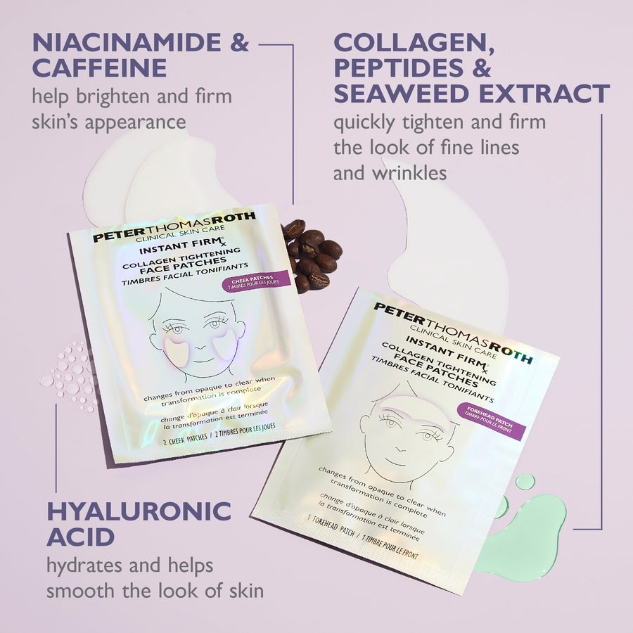 Two Peter Thomas Roth Instant Firm collagen tightening face patches with ingredient callouts and application diagrams on lave