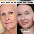 Two women wearing eye patches on different areas demonstrating application for crow's feet and under-eye puffiness.