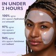 Person wearing white collagen patches on forehead and under eyes against light purple background.