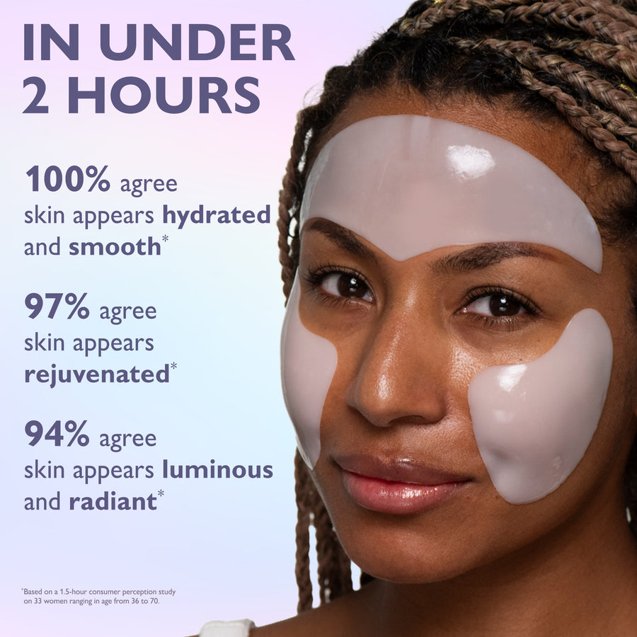 Person wearing white collagen patches on forehead and under eyes against light purple background.