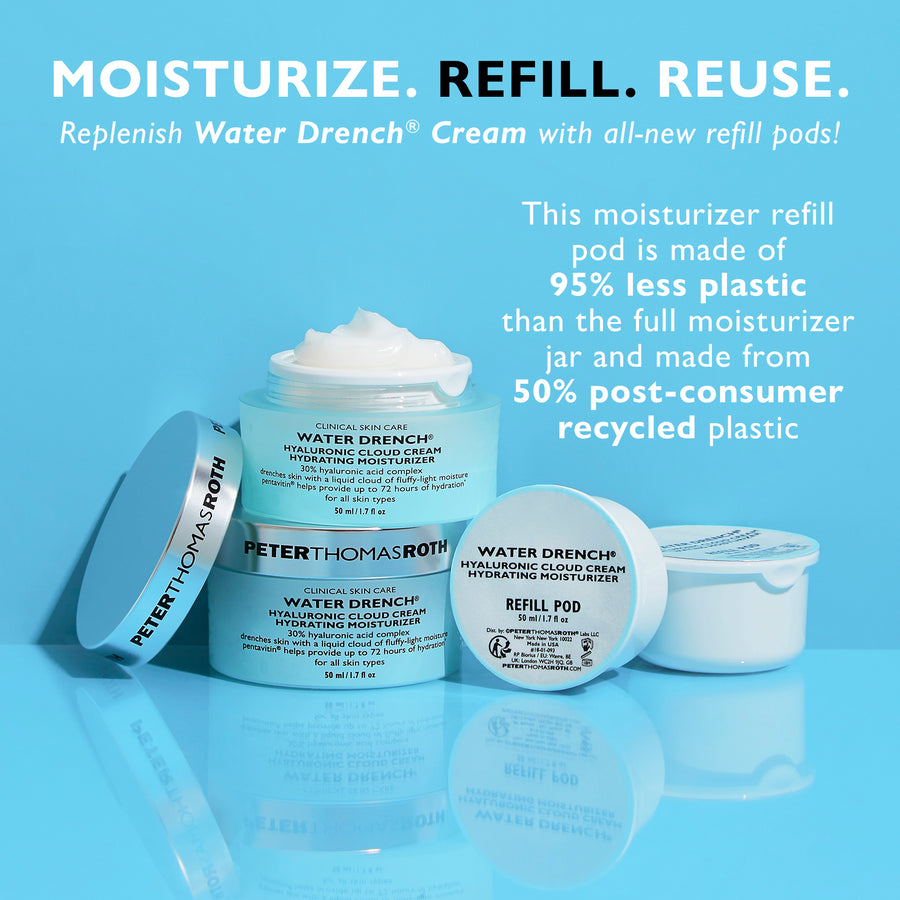 Water Drench Hyaluronic Cloud Cream refill pod in light blue container with label, displayed next to full-size jar and reusab