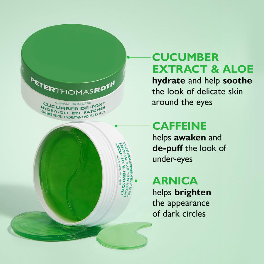 Three green gel eye patches in containers with cucumber extract, caffeine, and arnica ingredients labeled.