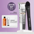 White tube of Instant Firm X eye tightener with black applicator brush, displayed with bonus orange cleanser and exfoliator b