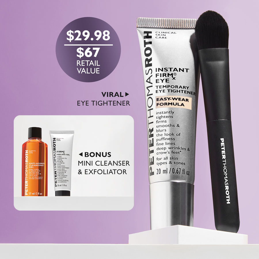 White tube of Instant Firm X eye tightener with black applicator brush, displayed with bonus orange cleanser and exfoliator b