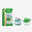 Two full-size gel eye patches in white jars with light blue and green gel, displayed with product packaging box.