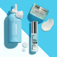 Three Peter Thomas Roth Water Drench products on blue and white background: blue dropper bottle cleanser, jar of cream, and p
