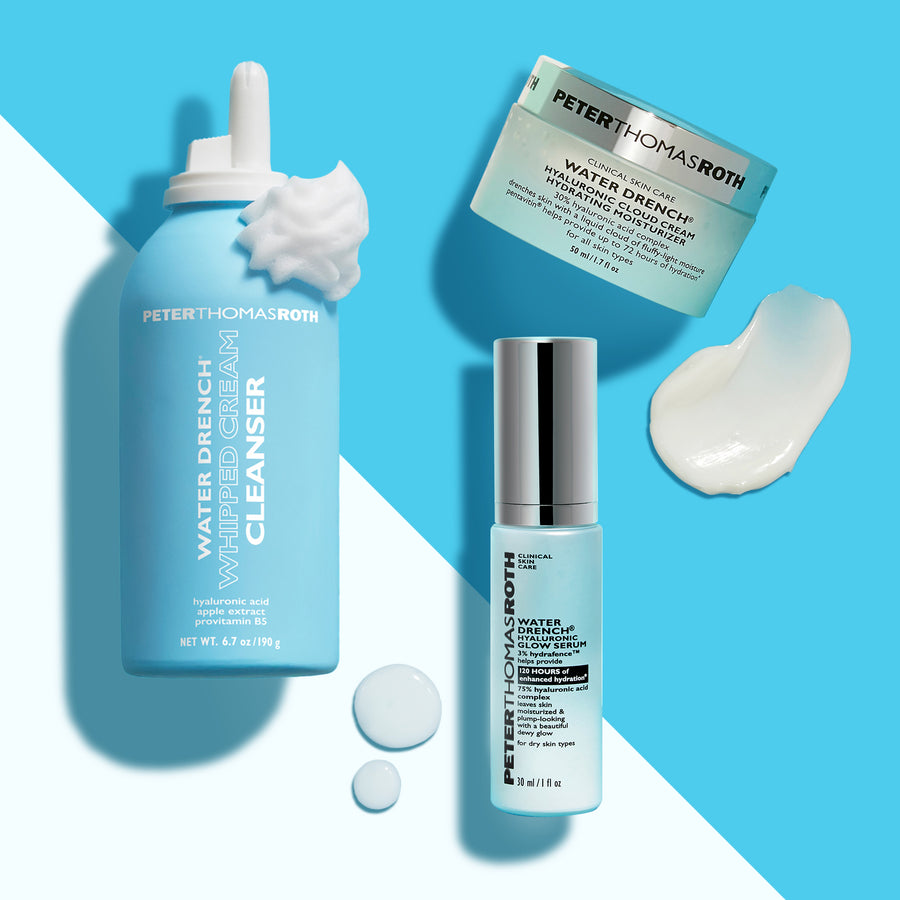 Three Peter Thomas Roth Water Drench products on blue and white background: blue dropper bottle cleanser, jar of cream, and p