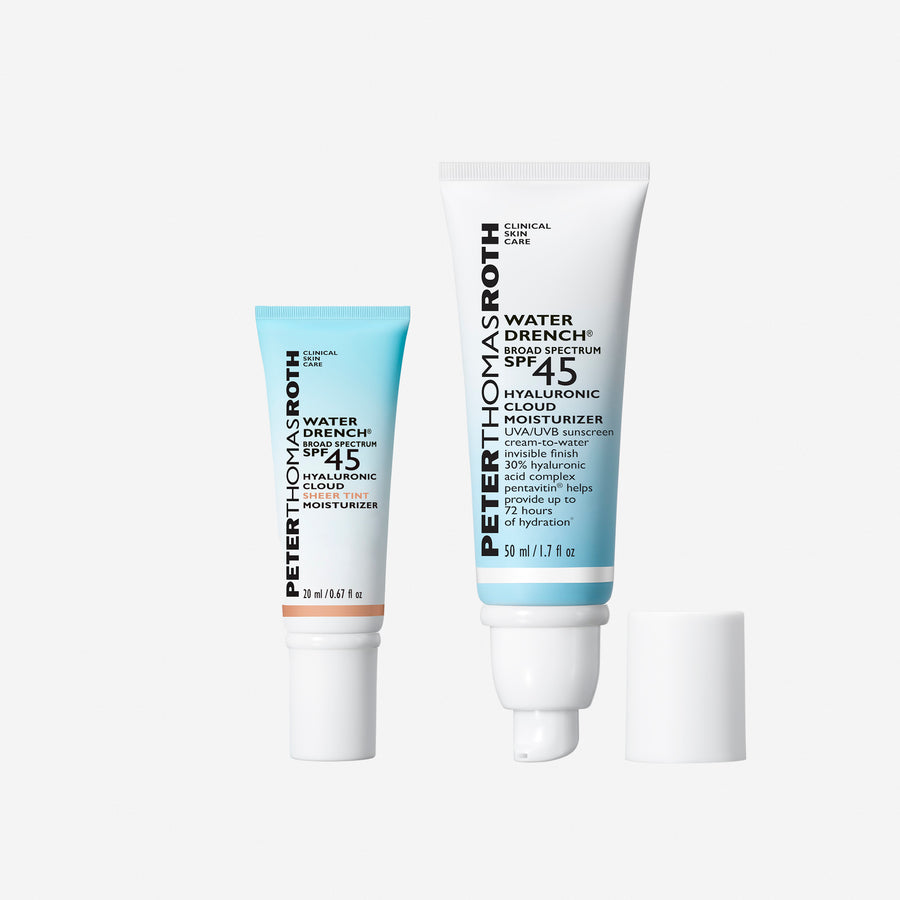 Two Peter Thomas Roth Water Drench SPF 45 moisturizer tubes, one blue 30ml and one white 50ml, with white caps.
