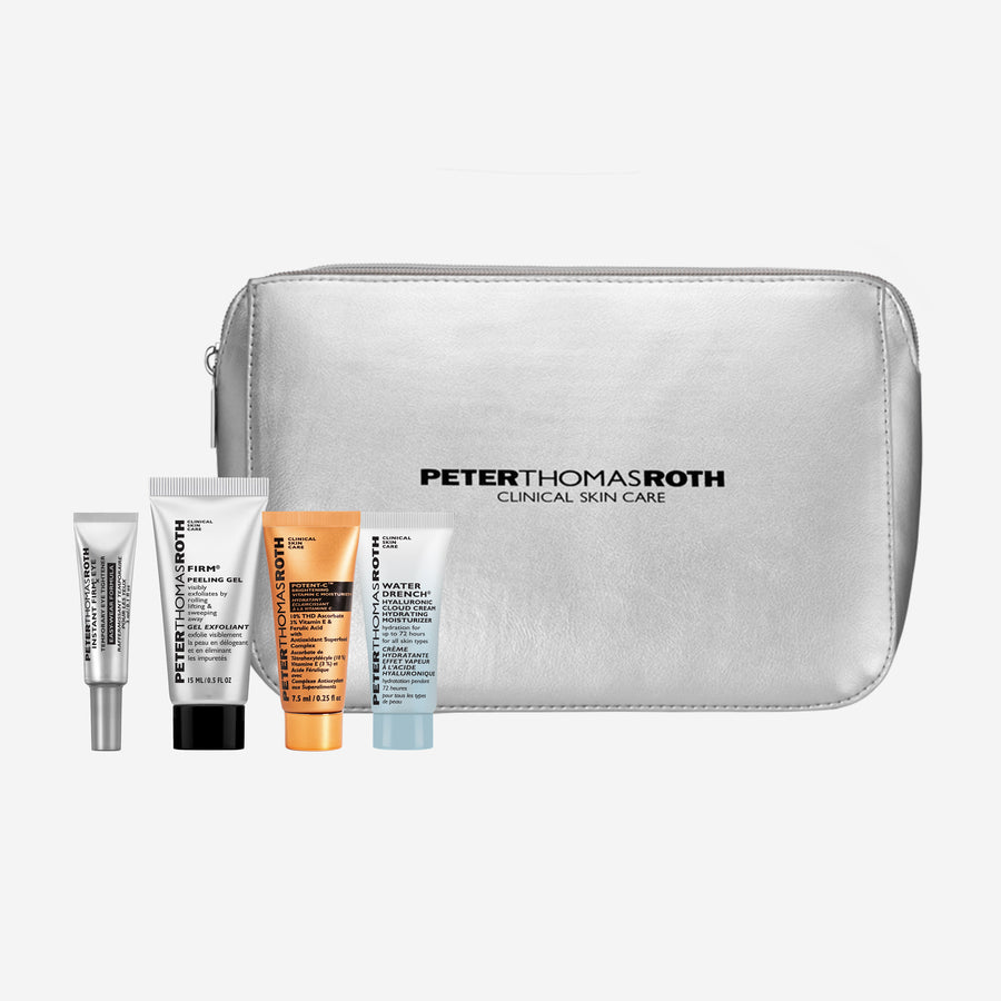 Silver Peter Thomas Roth travel pouch with five skincare products in various sizes and tubes.