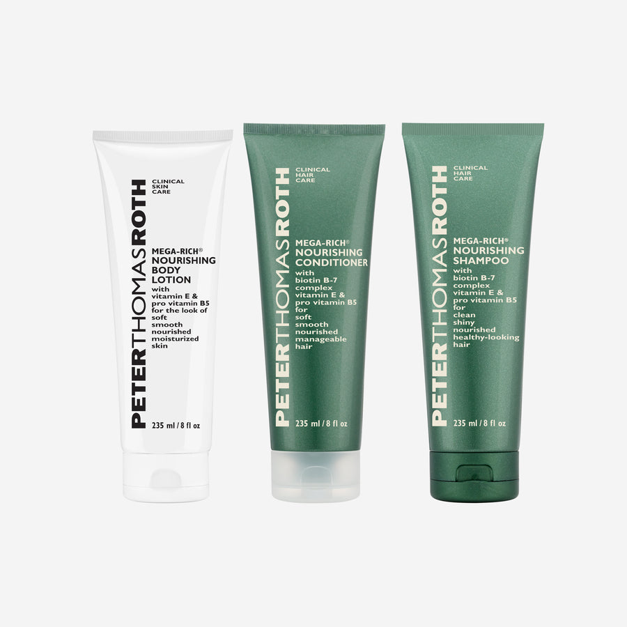 Three Peter Thomas Roth Mega-Rich products: white body lotion tube, green nourishing conditioner tube, and green nourishing s