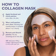 Woman applying translucent collagen patches to forehead and cheeks with instruction text on usage steps.