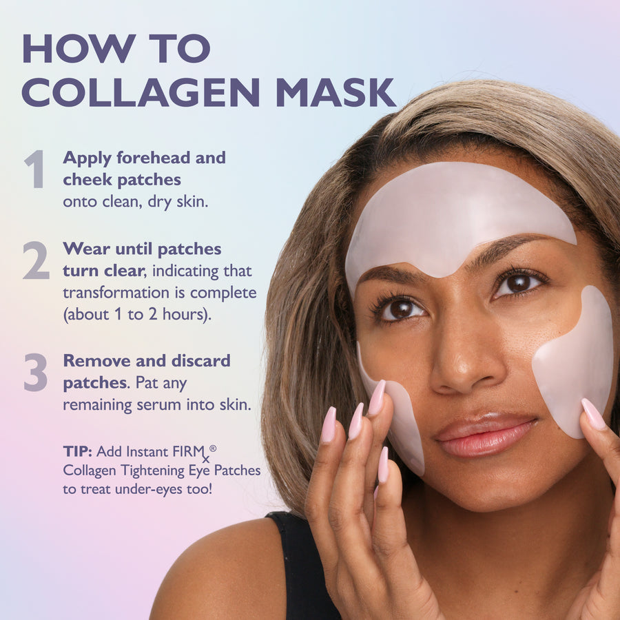 Woman applying translucent collagen patches to forehead and cheeks with instruction text on usage steps.