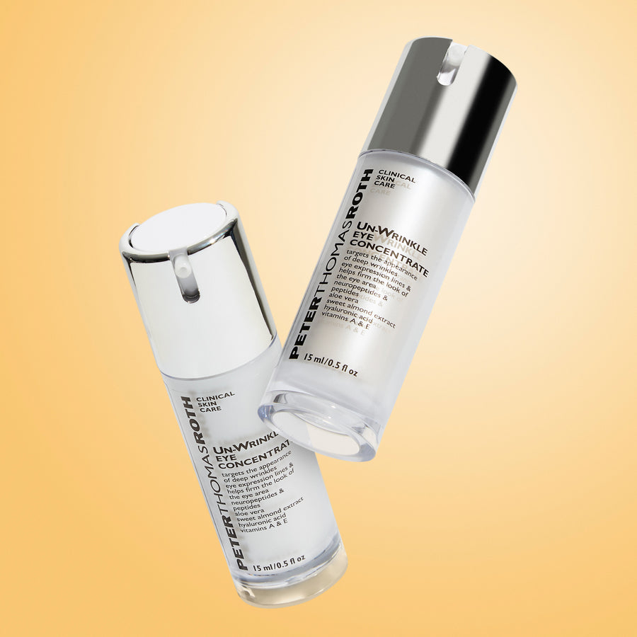 Two white bottles of Peter Thomas Roth Un-Wrinkle Eye Concentrate with white caps on a yellow background.