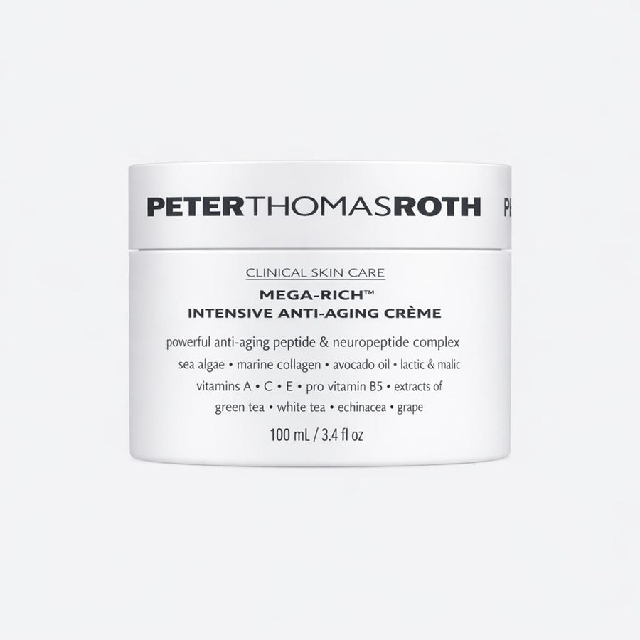 White jar of Peter Thomas Roth Mega-Rich Intensive Anti-Aging Crème, 100 mL, with black text label.
