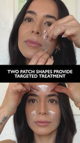 Woman demonstrating application of clear gel patches on face and under eyes in two different shapes.