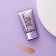 Peter Thomas Roth mattifying primer in a white tube with lavender cap on purple background with product swatch.