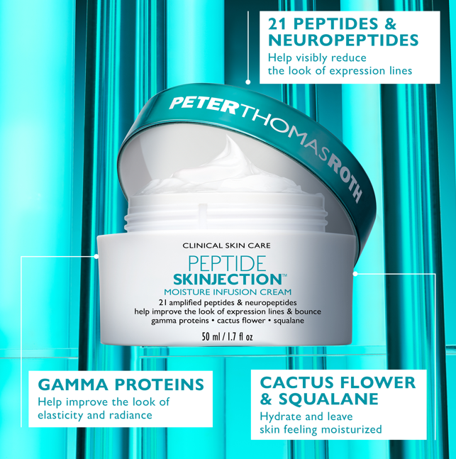 White 50ml jar of Peter Thomas Roth Peptide Skinjection Moisture Infusion Cream with teal lid on turquoise background.